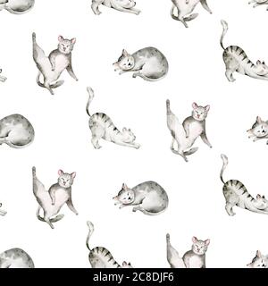 Aquarelle sans couture motif avec mignon dessin animé chats pour enfants sur fond blanc. Papier de raclage et papier peint pour enfants. Banque D'Images