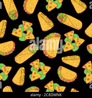 Motif mexicain sans coutures. Tacos, quesadillas, nachos, burrito. Dessin au trait Doodle sur fond noir. Décor sombre avec mexica coloré Illustration de Vecteur