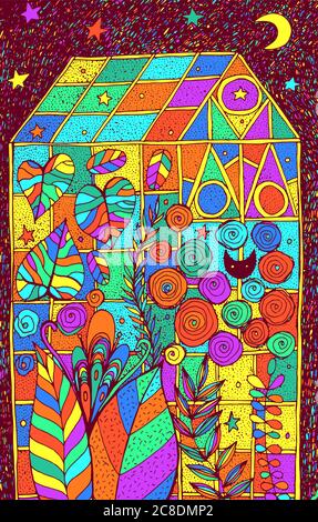 Serre - croquis de l'enrache. Jardin d'hiver avec plantes tropicales et fleurs. Dessin d'un serre-verre. Illustration colorée et mignonne. Illustration vectorielle. Illustration de Vecteur