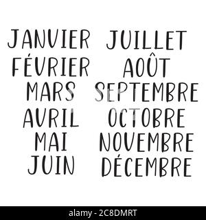 Les mois de l'année sont en français. Lettrage pour Calendrier, Agenda, Planificateur Illustration de Vecteur