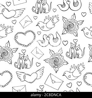 Motif de page de coloriage pour adultes. Motif Saint-Valentin sans coutures avec coeurs, oiseaux, chats, roses et lettres. Fond de dessin animé Doodle. Vecteur illu Illustration de Vecteur