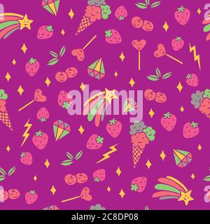 Dessin animé kawaii sans couture avec fraises, cerises, étoiles, arcs-en-ciel, diamants. Arrière-plan mignon. Couleurs pastel. Toile de fond de fête. Mode Illustration de Vecteur