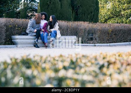 De joyeuses amies multiethniques qui parlent tout en étant assise sur le banc du parc Banque D'Images