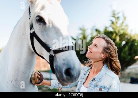 Smiling woman brushing un cheval dans une ferme Banque D'Images