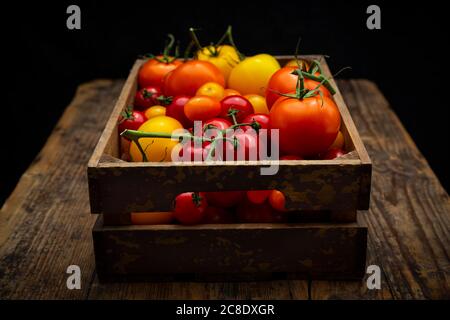 Tomates fraîches dans une caisse en bois Banque D'Images