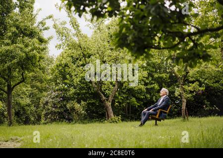 Homme d'affaires senior assis sur une chaise dans un jardin rural Banque D'Images