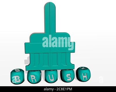 Représentation 3D de LA BROSSE avec icône sur le mur et texte disposé par des lettres métalliques cubes sur un sol miroir pour la signification du concept et la présentation du diaporama. Arrière-plan et illustration Banque D'Images