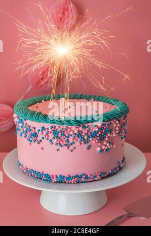 Présentoir à gâteaux avec gâteau d'anniversaire à la fraise décoré d'un petit gâteau au feu de bois Banque D'Images