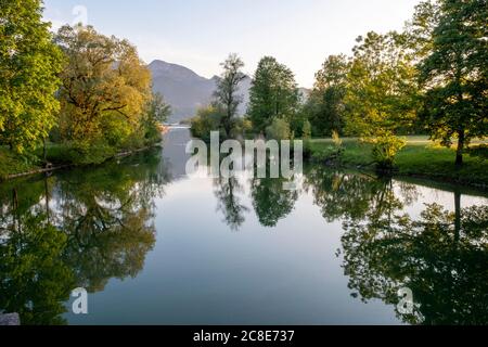 Allemagne, Bavière, haute-Bavière, Loisachtal, Kochel am See, lac calme Kochel entouré d'arbres Banque D'Images