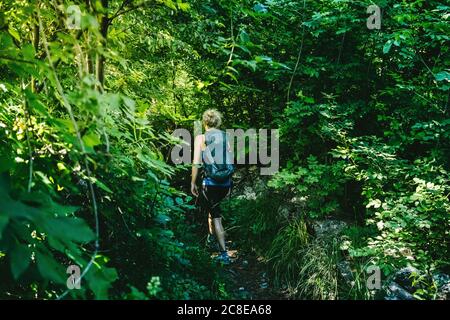 Femme avec randonnée à dos au milieu des arbres et des plantes en forêt, Lecco, Italie