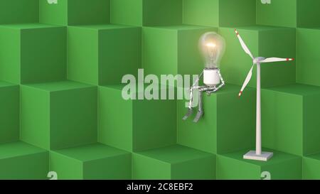 Rendu tridimensionnel d'une ampoule humanoïde sur des cubes à côté de la petite éolienne Banque D'Images
