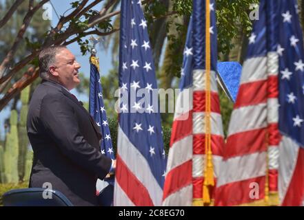 Yorba Linda, États-Unis. 23 juillet 2020. Le secrétaire d'État américain Mike Pompeo prononce un discours politique majeur sur les relations sino-américaines à la bibliothèque présidentielle Richard Nixon à Yorba Linda, en Californie, le jeudi 23 juillet 2020. Pompeo a déclaré que l'engagement des États-Unis avec la Chine était un échec lamentable, cinquante ans après le voyage historique de Nixon en Chine en 1972. Photo de Jim Ruymen/UPI crédit: UPI/Alay Live News Banque D'Images