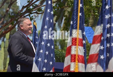 Yorba Linda, États-Unis. 23 juillet 2020. Le secrétaire d'État américain Mike Pompeo prononce un discours politique majeur sur les relations sino-américaines à la bibliothèque présidentielle Richard Nixon à Yorba Linda, en Californie, le jeudi 23 juillet 2020. Pompeo a déclaré que l'engagement des États-Unis avec la Chine était un échec lamentable, cinquante ans après le voyage historique de Nixon en Chine en 1972. Photo de Jim Ruymen/UPI crédit: UPI/Alay Live News Banque D'Images