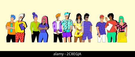 Un groupe de personnes multiculturelles. Étudiants, amis et collègues debout ensemble dans une robe décontractée. Caractères vectoriels colorés. Illustration de Vecteur