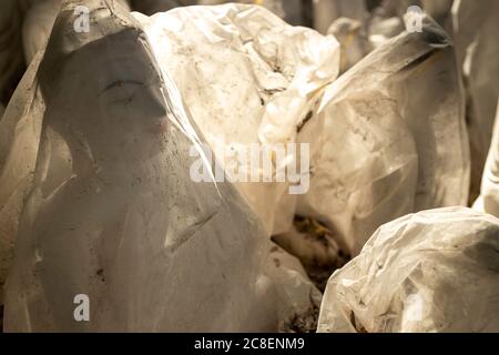 Les statues de Bouddha sculptées en marbre blanc sont emballées dans des sacs en plastique transparent qui seront vendus aux clients de la boutique de sculpture. Banque D'Images