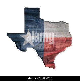 Texture de bois de drapeau du Texas sur le contour de la carte d'état contre fond de bois de planche. Effets vintage. Isolé sur blanc. Banque D'Images