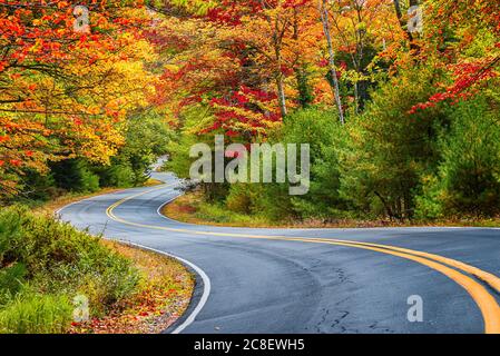 Les courbes dans la pittoresque route sinueuse feuillage de l'automne les arbres en Nouvelle Angleterre. Banque D'Images