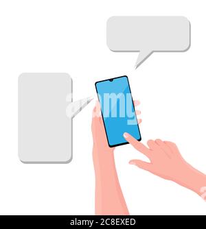 Téléphone portable dans la main. Main tient le smartphone noir. Toucher l'écran avec le doigt. Espace de copie des bulles de parole. Illustration vectorielle, fond blanc Illustration de Vecteur