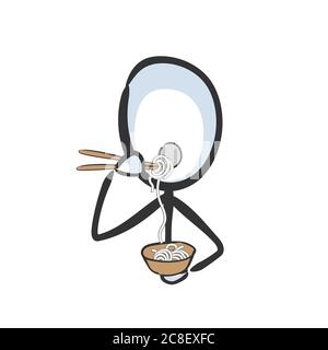 Manger des nouilles avec des baguettes dans le bol. Vecteur simple manger spaghetti stickman pas de visage clipart caricature. Dessiné à la main. Dessin Doodle, graphique Illustration de Vecteur