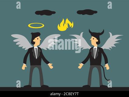 Deux hommes d'affaires de dessin animé, l'un avec halo et ailes comme ange et l'autre avec cornes et queue comme diable, représentant le bien et les mauvaises personnes dans les affaires W Illustration de Vecteur