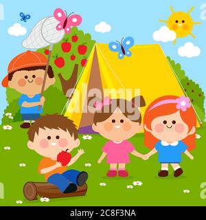 Des enfants heureux jouant dans un camping de forêt. Illustration vectorielle Illustration de Vecteur