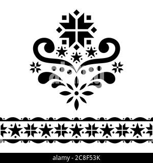 Scandinavian Chrirstmas folk art vector design set - collection à motifs simples, adorable décoration florale avec fleurs et flocons de neige en noir sur blanc ba Illustration de Vecteur