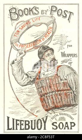 Brochure publicitaire pour savon Lifebuoy montrant le secouriste prêt à jeter la ceinture de vie pour sauver la vie pour la préservation de la santé 1896 Banque D'Images