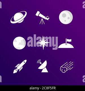 collection d'icônes d'astronomie, dont saturne, télescope, lune, terre, étoile, drapeau en lune, fusée, émetteur, et comète, conception à vecteur plat Illustration de Vecteur