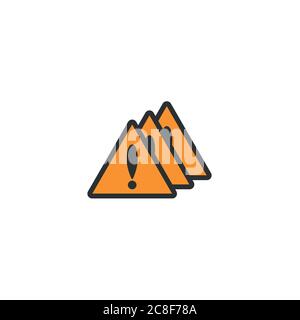 Trois triangles orange avec point d'exclamation noir. Plusieurs signes d'erreur répétés. Icône d'avertissement. Isolé sur blanc. Pictogramme plat. Illustration de Vecteur