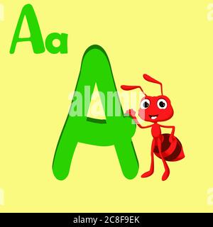 Lettre a de l'alphabet, A pour Ant, ABC À Z , lettre a de l'alphabet animal coloré avec un mignon ant Banque D'Images