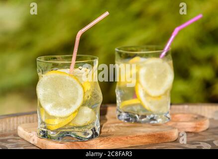 Limonade en verre avec des tranches de citron et des pailles dans le jardin à la lumière du soleil, sur fond vert naturel. Pique-nique avec boissons rafraîchissantes en été. Banque D'Images