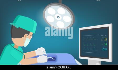 Chirurgien avec moniteur dans la salle de chirurgie dessin vectoriel plat Illustration de Vecteur