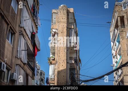 Bâtiments avec trous de balle dans la banlieue de Sin el fil à l'est de Beyrouth, dans le district de Matn du gouvernorat du Mont-Liban, Liban Banque D'Images