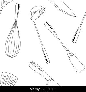 Cuisine fournitures graphique sans couture fond noir blanc esquisse illustration vecteur Illustration de Vecteur