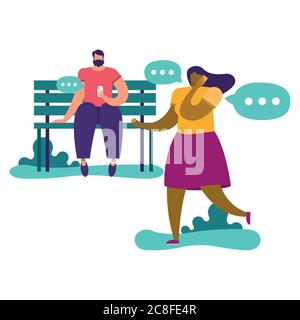 jeune couple utilisant un smartphone assis dans un fauteuil de parc technologie de médias sociaux vecteur illustration conception Illustration de Vecteur