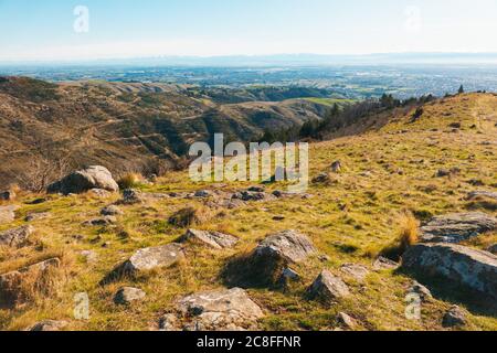 La vue sur la ville de Christchurch, vue depuis la réserve panoramique Thomson, Port Hills, Nouvelle-Zélande Banque D'Images