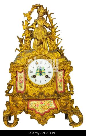 Authentique horloge de table dorée du XVIIIe siècle isolée sur fond blanc Banque D'Images