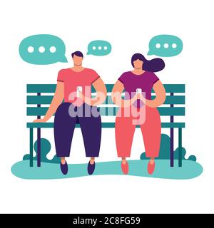 jeune couple utilisant un smartphone assis dans un fauteuil de parc technologie de médias sociaux vecteur illustration conception Illustration de Vecteur