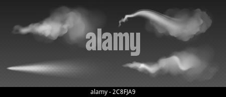 Pulvérisation de poussière, fumée blanche, poudre ou eau goutte sentier. Brouillard d'écoulement, flux fumé, nuages aromatiques ou toxiques, vapeur de produits chimiques ou cosmétiques, brume. Jeu de clips isolés 3D vectoriels réalistes Illustration de Vecteur