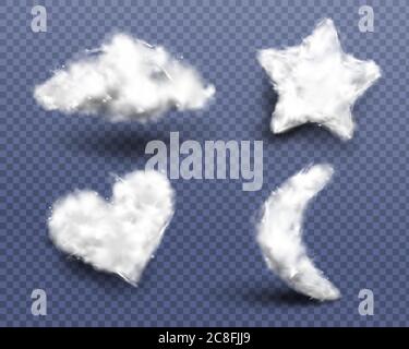 Coton, nuages ou boules de wadding réalistes isolés sur fond transparent. Morceaux doux et doux de blanc doux, fibre pure en forme de coeur, étoile et lune 3d vecteur icônes, clipart Illustration de Vecteur