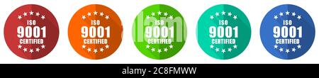 Jeu d'icônes ISO 9001, boutons de toile à motif plat rouge, bleu, vert et orange isolés sur fond blanc, illustration vectorielle Illustration de Vecteur