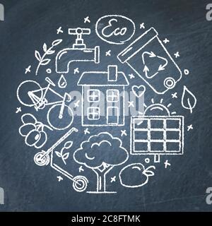 Collection d'icônes écologiques en style esquisse sur tableau noir. Symboles écologiques dessinés à la main. Illustration de Vecteur