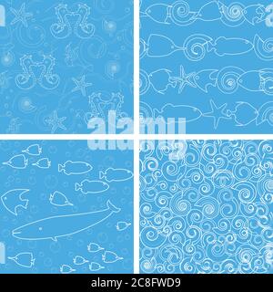 Collection monochrome de motifs sans couture de la vie marine Illustration de Vecteur