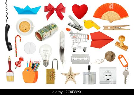 variété d'objets isolés sur fond blanc Banque D'Images