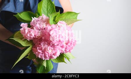 Femme tenant un bouquet de fleur d'hortensia rose. Bannière avec espace de copie. Banque D'Images