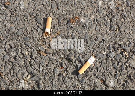 Le tering est une offense et une nuisance! Deux mégots de cigarettes (extrémités) ont été jetés sur le sol dans une rue de Prague Banque D'Images