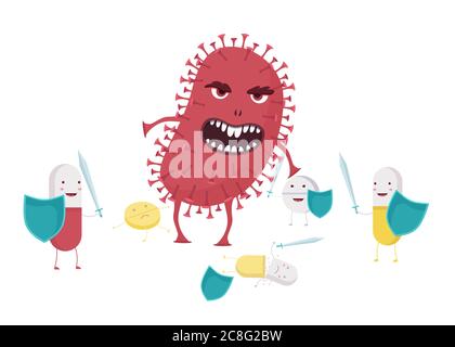 Bactérie mal avec illustration de résistance aux antibiotiques. Le coronavirus monstre rouge détruit les pilules avec des boucliers et des épées. Illustration de Vecteur