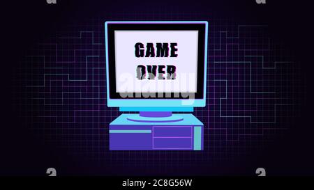 Ordinateur personnel de Glitch. PC rétro avec inscription déformée jeu plus. Illustration de Vecteur