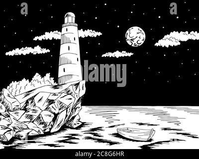 Lighthouse nuit mer graphique noir blanc paysage esquisse illustration vecteur Illustration de Vecteur