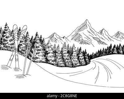 Ski de montagne art graphique noir blanc paysage dessin illustration vecteur Illustration de Vecteur